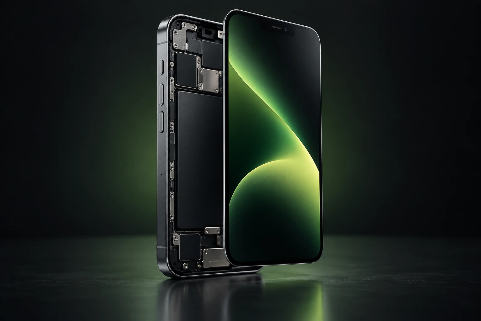 Celular grafito con panel de pantalla de reemplazo y reflejos verdes